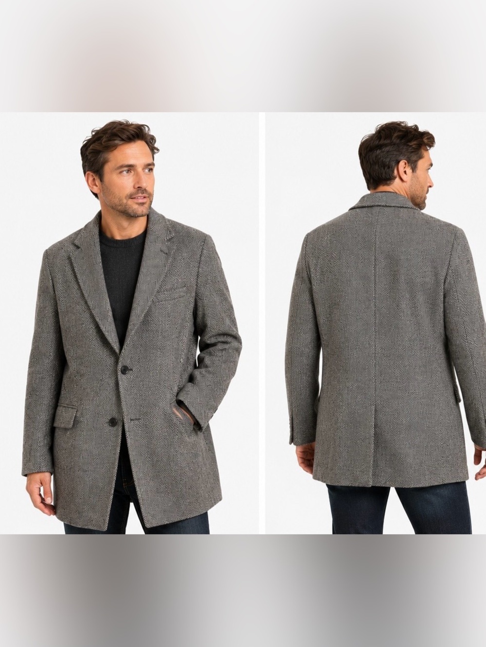 Paul Frederick Men’s Black Herringbone Overcoat Cashmere Blend XL
